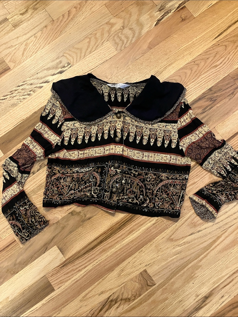 Women's Black & brown Patterned Button-Down Shirt with large Decorative Collar